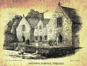 An illustration of an old building with the words National Schools