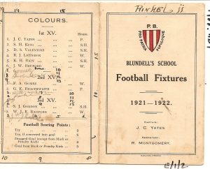 A football fixtures cards from Blundell's School, 1921-1922