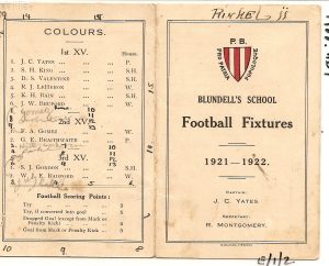 A football fixtures cards from Blundell's School, 1921-1922