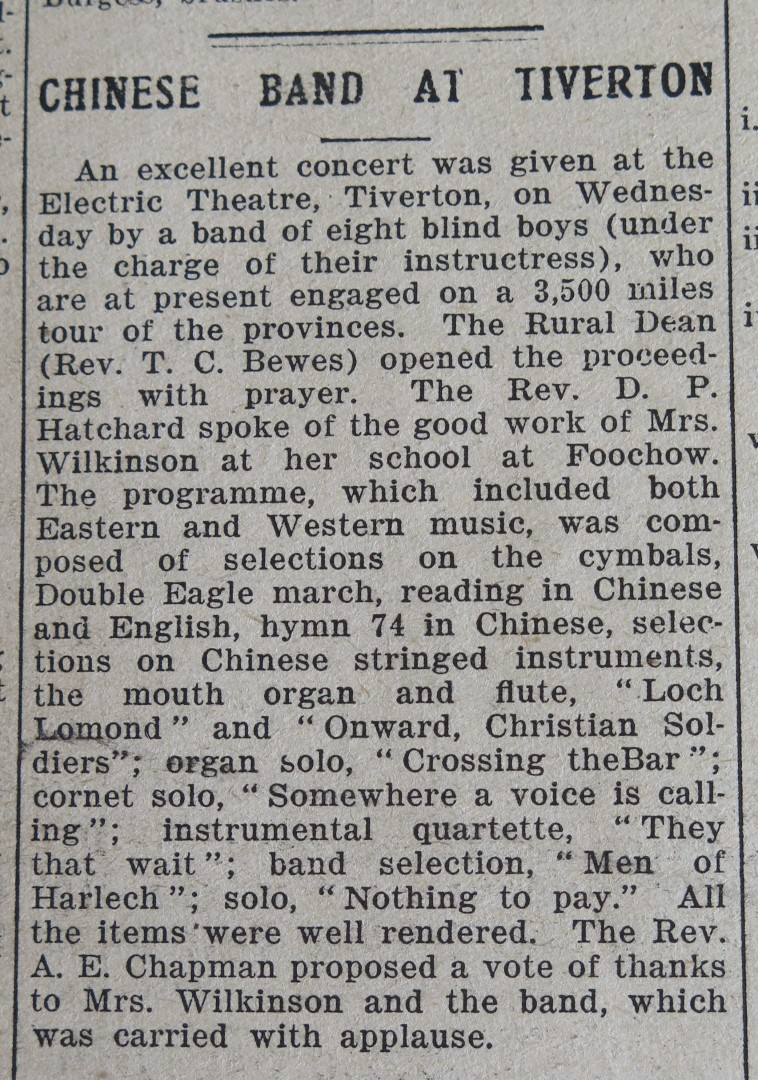 A press cutting titled 'Chinese Band At Tiverton'