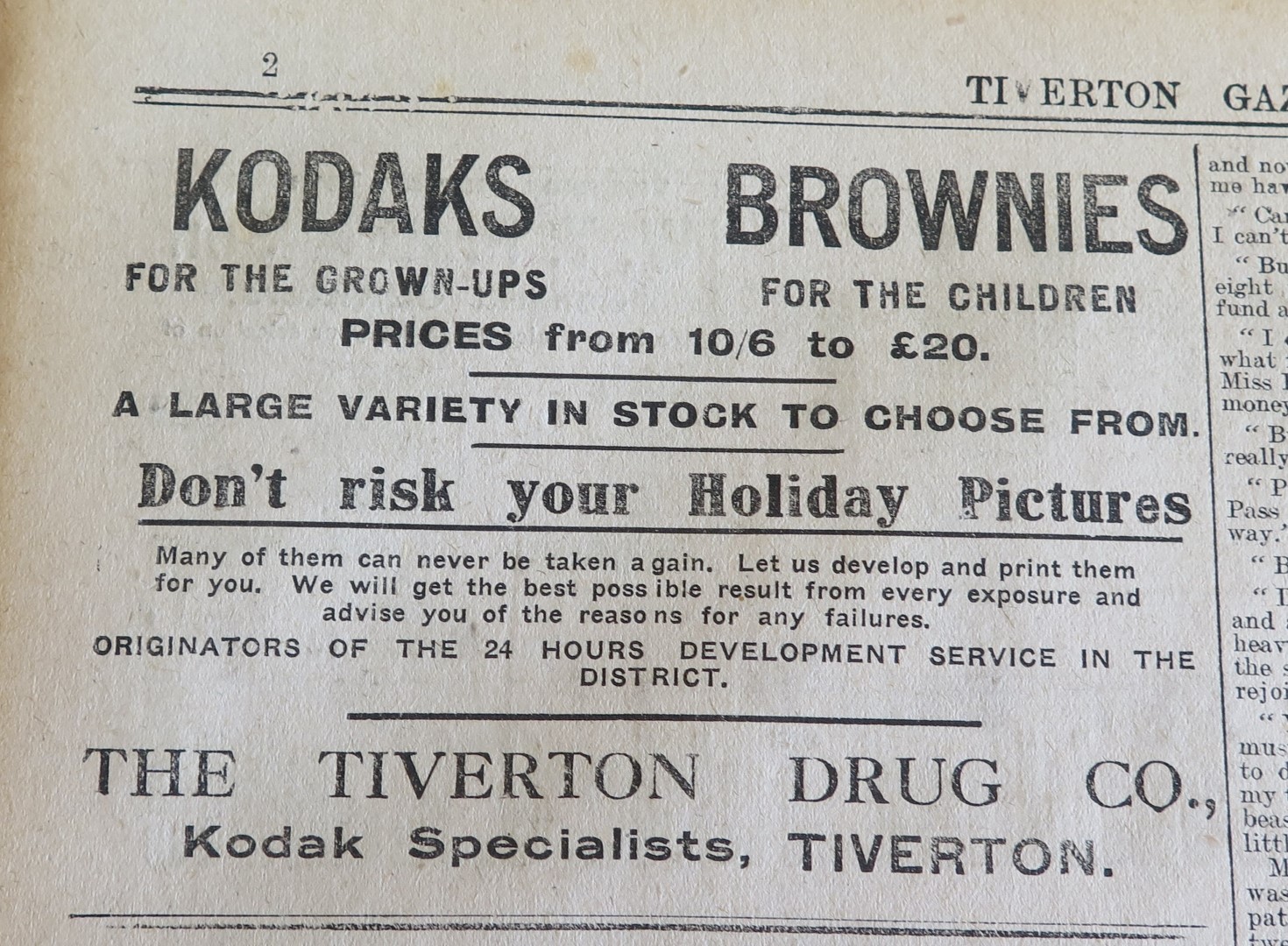 A newspaper advert, black text on plain cream background, for 'Kodaks Brownie' from The Tiverton Drug Co.