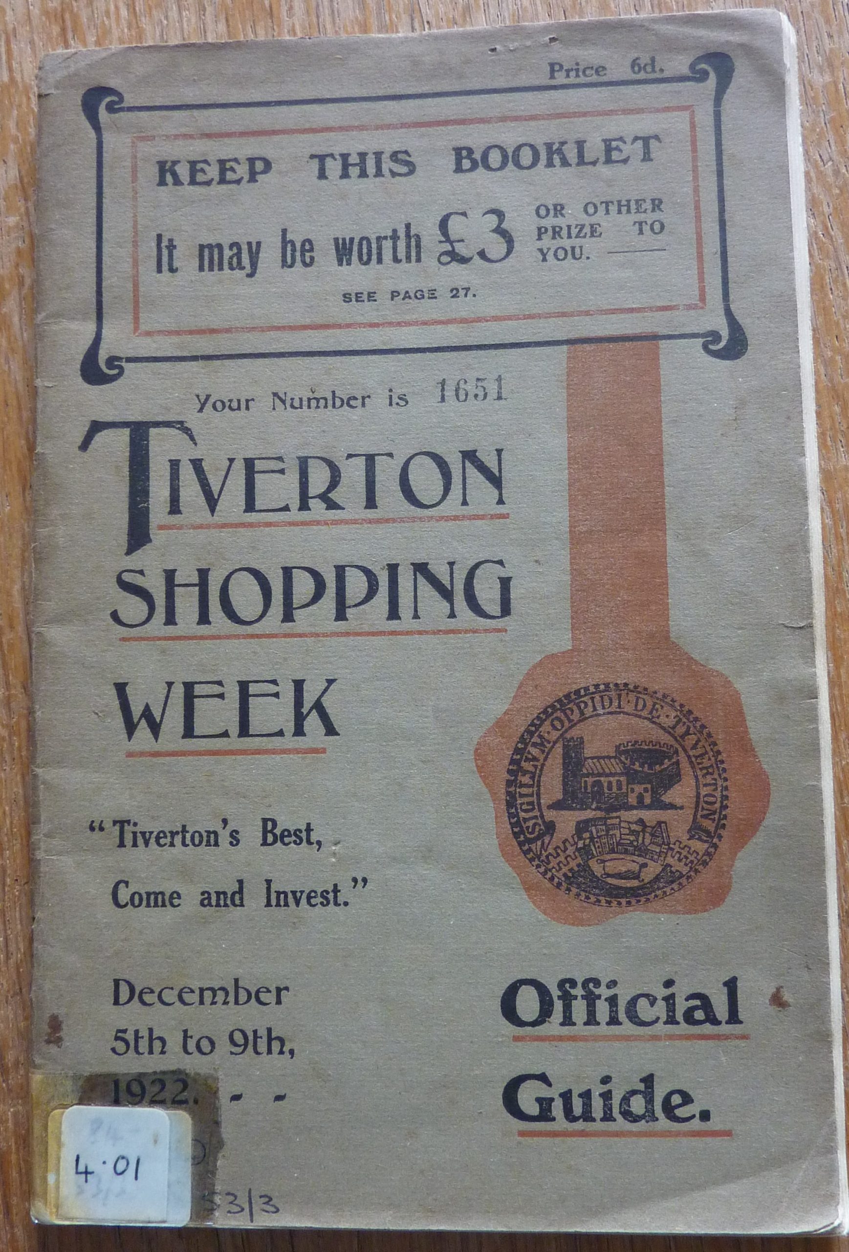 The front page of the Tiverton Shopping Week Official Guide. It shows the market seal and a tag line 'Tiverton's Best, Come and Invest'.
