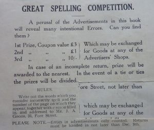 A page from the Tiverton Shopping Week guide detailing the Great Spelling Competition'. It states 'A perusal of the Advertisements in this book will reveal many intentional Errors. Can you find them?'. There are cash prizes up for grabs (1st prize £3) to be used on goods in the Advertisers' shops. Part of the page has been cut out showing the original owner of the book entered the competition. 