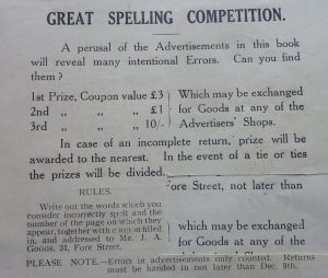 A page from the Tiverton Shopping Week guide detailing the Great Spelling Competition'. It states 'A perusal of the Advertisements in this book will reveal many intentional Errors. Can you find them?'. There are cash prizes up for grabs (1st prize £3) to be used on goods in the Advertisers' shops. Part of the page has been cut out showing the original owner of the book entered the competition. 
