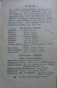 Photo showing a page from the Tiverton Shopping Week booklet showing train times for December 1922. Black type on white paper. There are two incoming trains a day into Tiverton from Dulverton, Bampton, Hemyock, Culmstock, Uffculme, Cadeleigh and Up-Exe (Thorverton). There are also 3 incoming trains a day from Cullompton, Hele & Bradninch and Burlescombe. The article says G.W.R were issuing cheap 3rd Class Tickets on Wednesday 6th December 1922. 