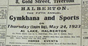 Cutting from an old newspaper advertising Helberton's fifth annual Gymkhana and Sports event in 1923