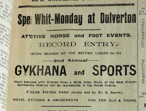 Cutting from an old newspaper advertising Whit Monday celebrations in Dulverton including their 2nd annual Gymkhana and Sports. 