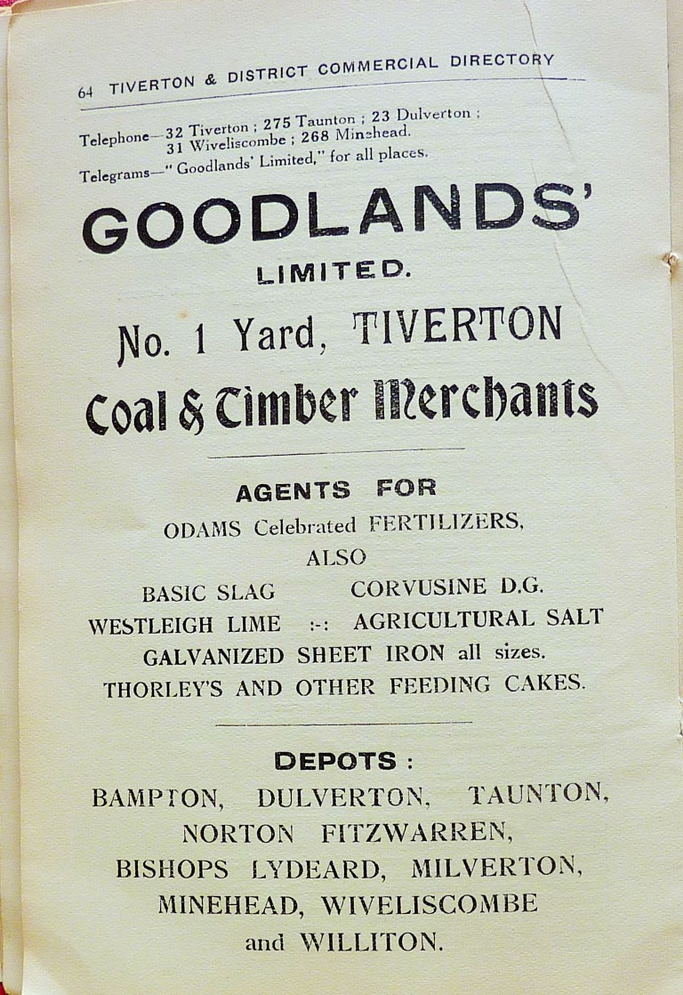 Advert from Tiverton and District Commercial Directory 1929 for Goodlands Coal and Timber Merchants