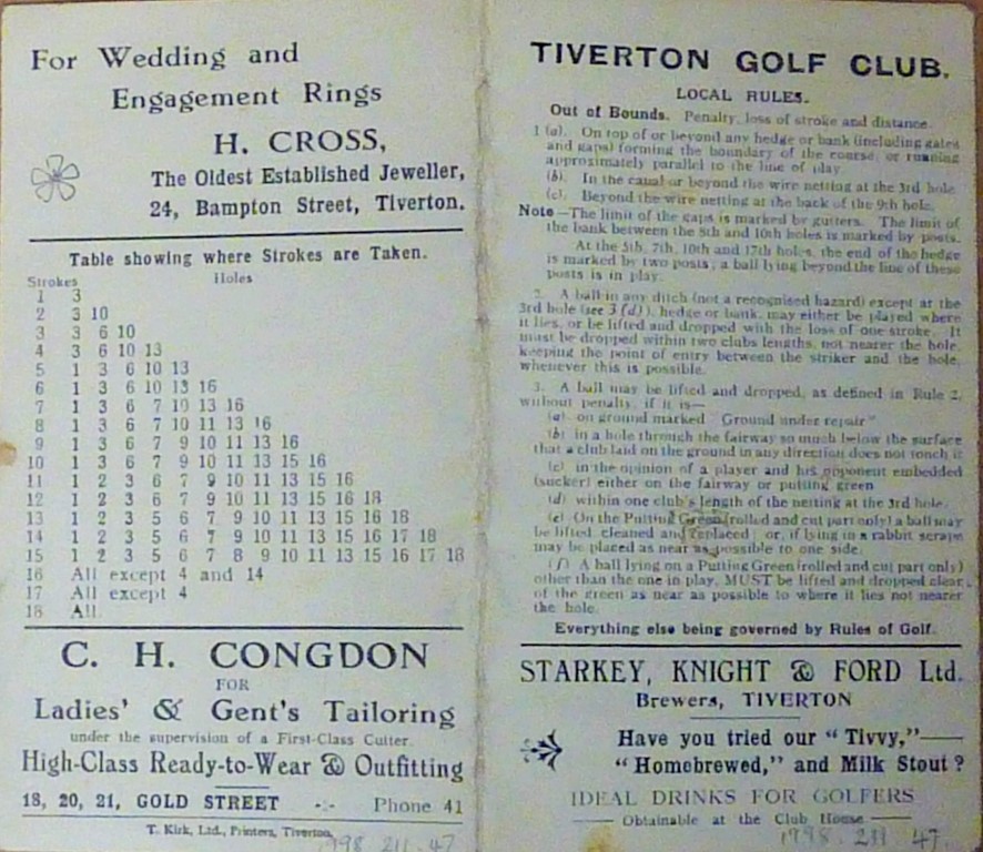 A golf score card for Tiverton Golf Club showing the local rules as well as adverts for H.Cross (jewellers), C.H. Congdon (Ladies' & Gents' Tailoring) and Starkey, Knight & Ford (Brewers).