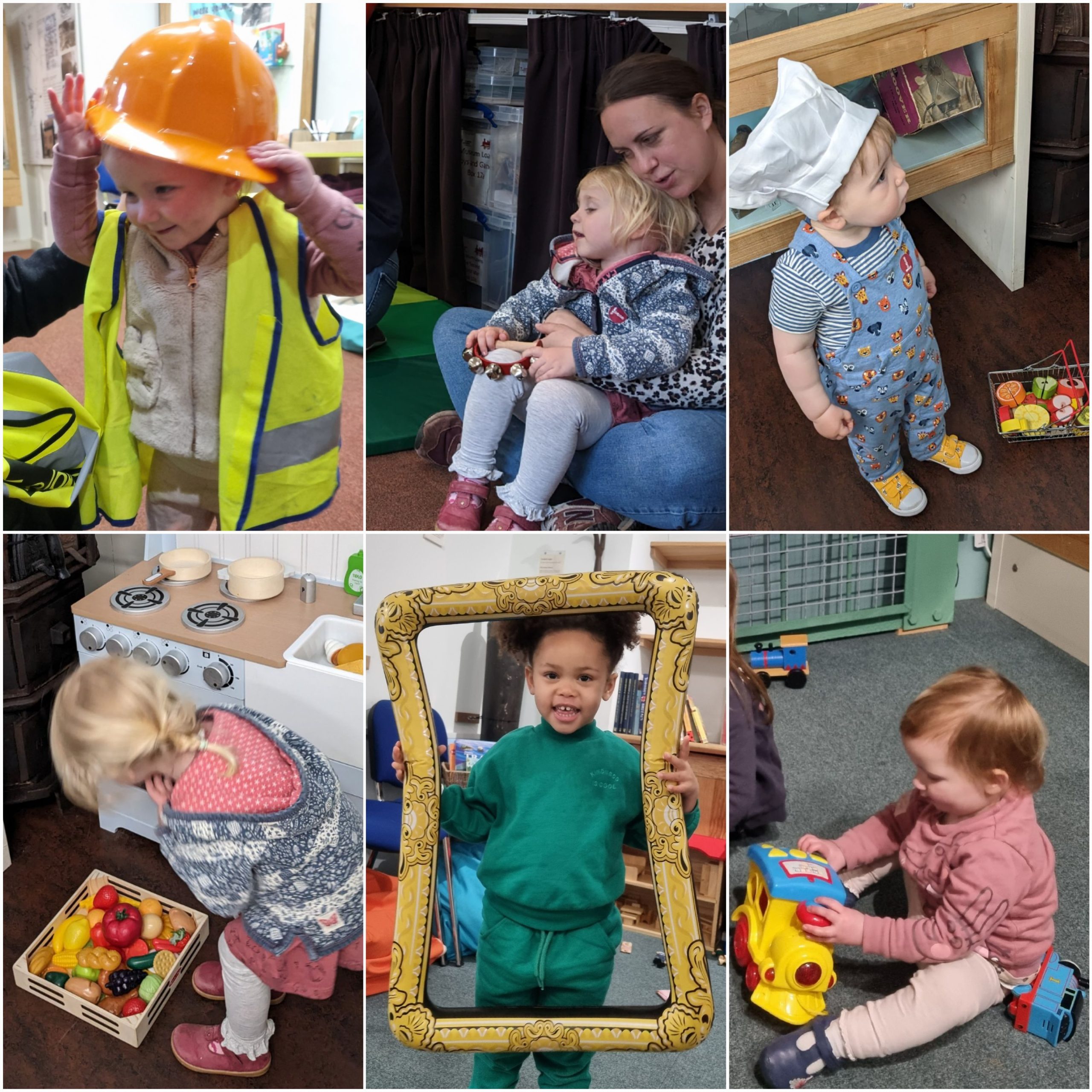 A collection of six photos in a collage showing young children playing with toys and dressing up in the museum.