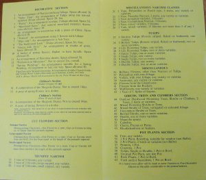 The inside of a programme from a flower show detailing the different prize categories. 