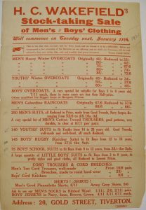 Advertisment for a stocktaking sale at H.C. Wakefield's in January 1921. There is a long list of all the types of clothing available with sizing and prices. 
