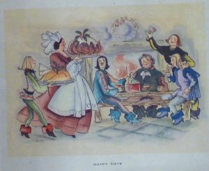 An illustration of four men seated at a table in front of a roaring fire with a flagon of wine. Each man is holding a glass and they are turned to face a woman approaching the table carrying a very large Christmas pudding on a platter. She is followed by another person carrying a plate with a Christmas turkey, adorned with a sprig of holly. 