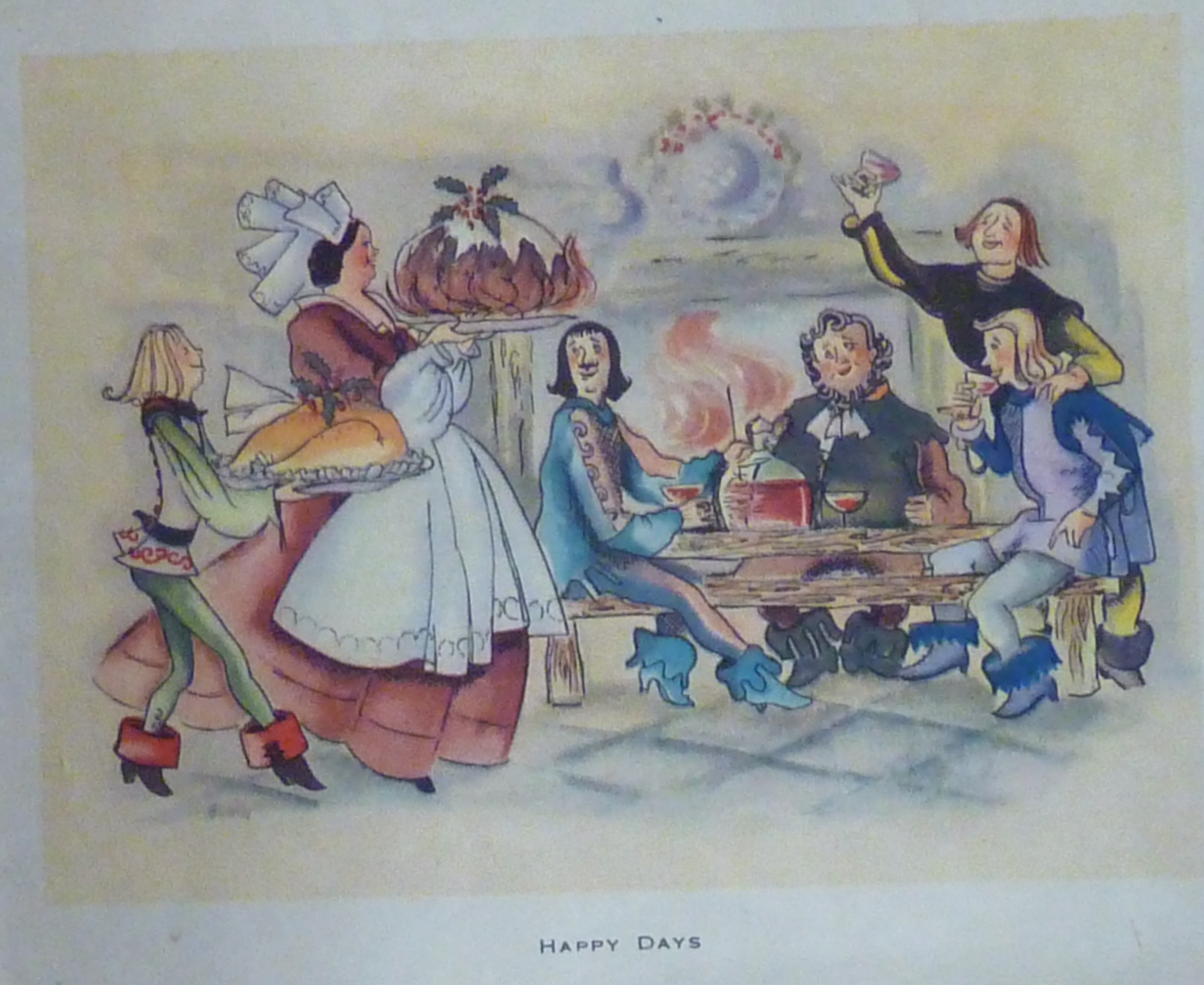 An illustration of four men seated at a table in front of a roaring fire with a flagon of wine. Each man is holding a glass and they are turned to face a woman approaching the table carrying a very large Christmas pudding on a platter. She is followed by another person carrying a plate with a Christmas turkey, adorned with a sprig of holly.