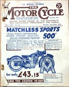 Front cover of 'The Motorcyle' magazine. It features an illustration of a motorbike, the 'Matchless Sports 500'. The magazine is dated Thursday June 22nd 1933.