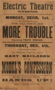 A archival poster for the Electric Theatre Tiverton advertising two upcoming films; 'More Trouble' on Monday 1st Dec and Model's Confession, to be shown on Thursday 4th Dec. The poster is plain with black text only and no illustration. 