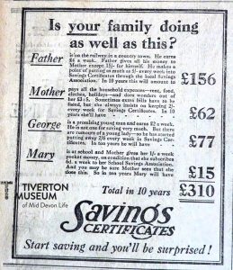 Newspaper cutting about Savings Certificates from a newspaper dated 1924. It describes a fictional family and their spending habits and tells the reader how much each member of the family could be saving in a year. The tagline is 'Start saving and you'll be surprised!'