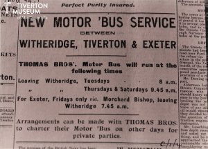 Newspaper clipping reading 'New Motor Bus Service between Witheridge, Tiverton & Exeter.' It also lists some bus times and lets people know that they can book private charter with the company. 