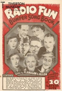 The front cover of a copy of the 'Radio Fun Bumper Song Book. It features black and white photos of some of the era's stars and promises 'Chorus, Words and music of 20 latest hits'. 
