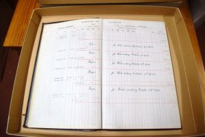 A lined ledger book with names and dates entered neatly.