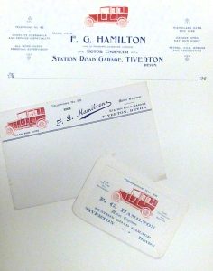 Headed paper and Business Card for F. G. Hamilton, Motor Engineer, Station Road Garage, Tiverton