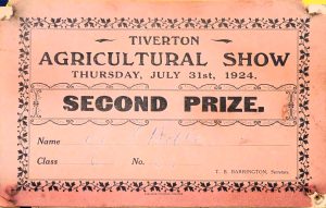 A Second Prize ticket from the Tiverton Agricultural Show, Thursday July 31st 1924