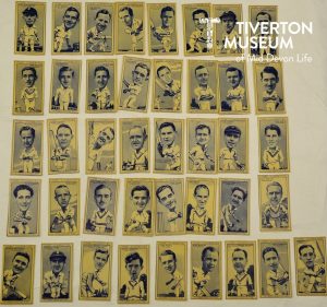A collection of cards collected from cigarette packets. They all feature a cricketer, who is pictured with an abnormally large head for their body, an interesting stylistic choice!