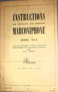 The front cover of the a instruction book for installing & operating Marconiphone.