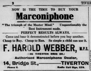 Newspaper cutting advertising the 'new' Marconiphone. The advert claims it is 'the triumph of the master mind' and 'unquestionably the best instrument made'. 